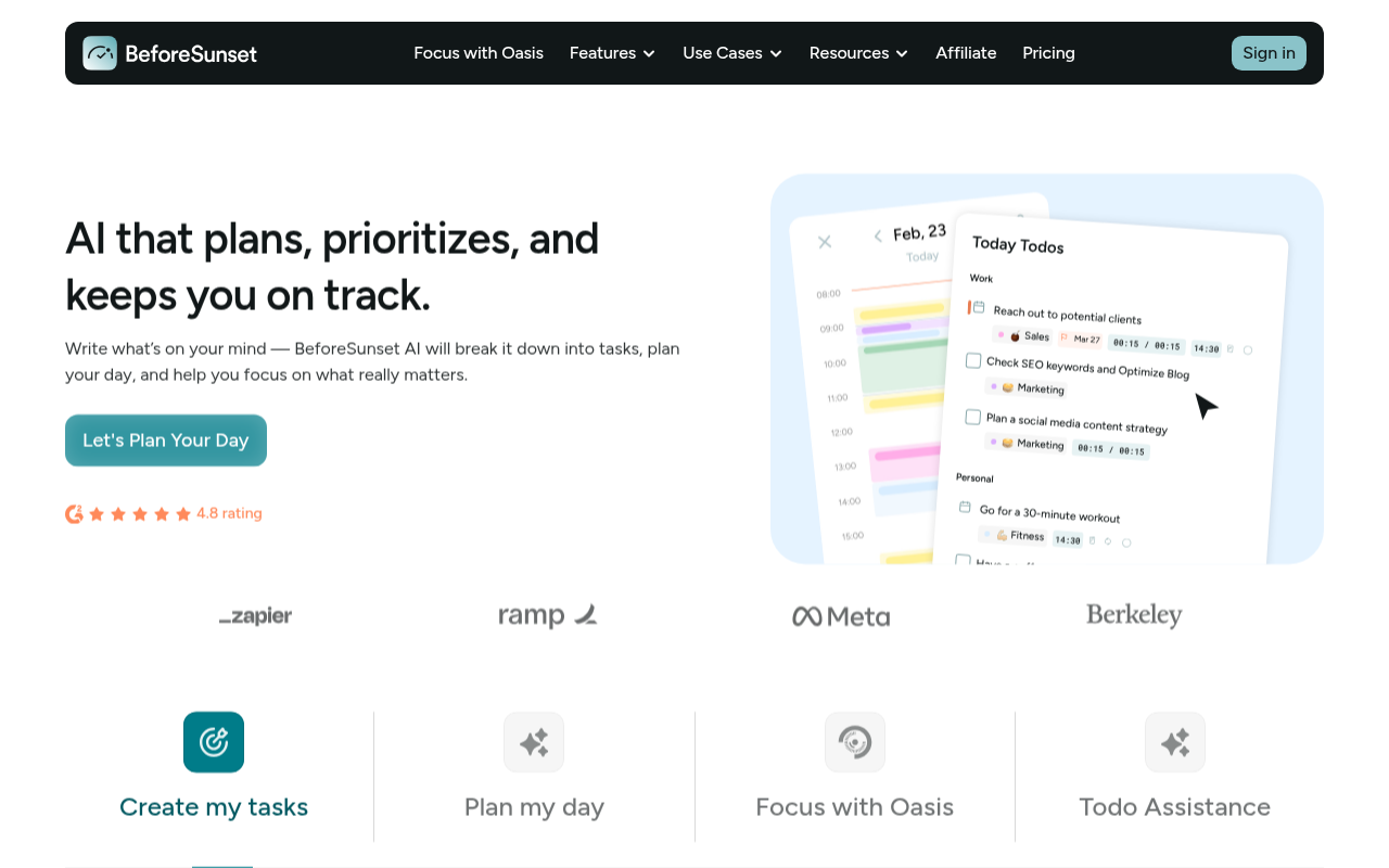 Screenshot of BeforeSunset AI: Your AI-Powered Path to Peak Productivity