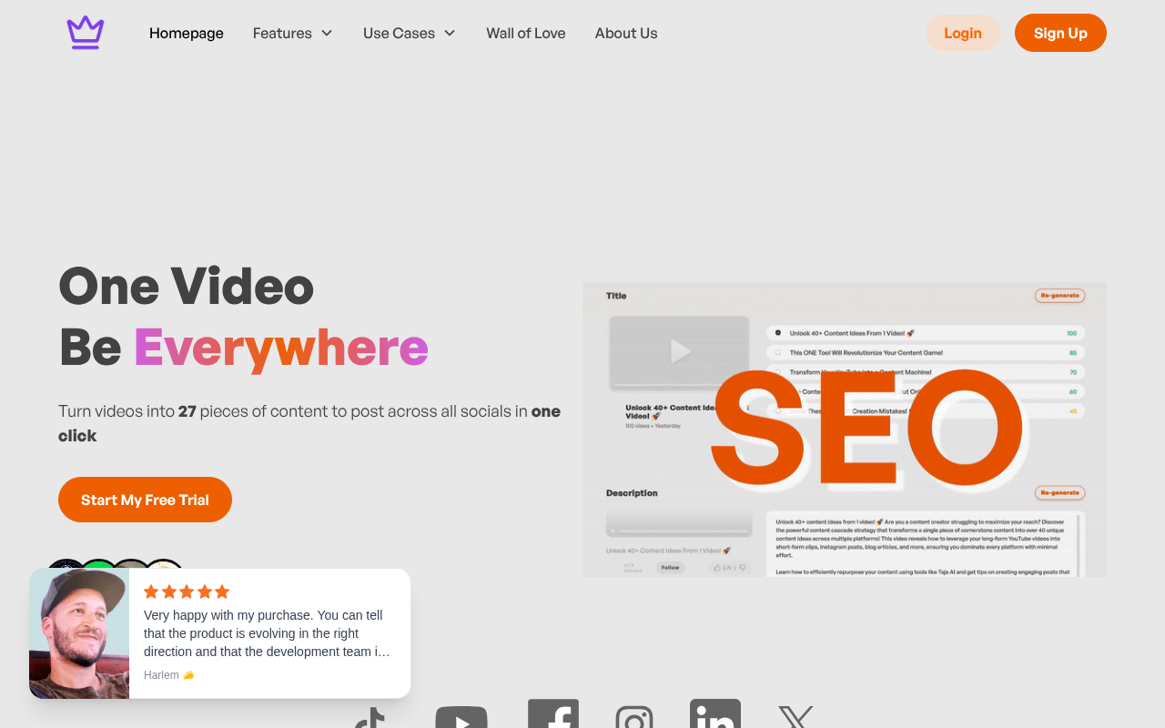Screenshot of Taja AI: Effortless Social Media Content Creation from Video