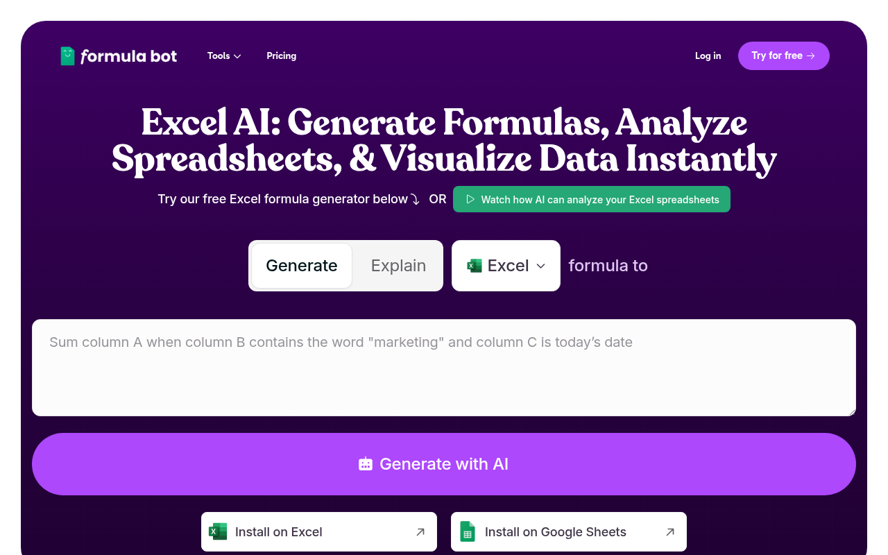 Screenshot of Excel Formula Bot: Your AI-Powered Excel Assistant