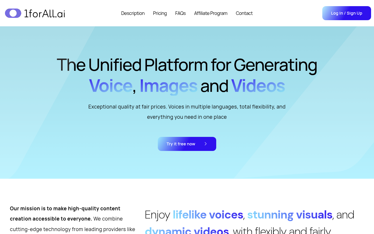 Screenshot of 1forAll AI Voice Generator: Exceptional Quality & Fair Prices