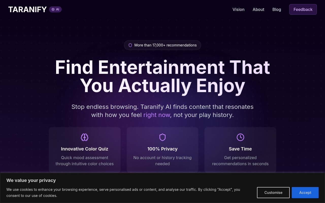 Screenshot of Taranify: Discover Entertainment Tailored to Your Mood with AI