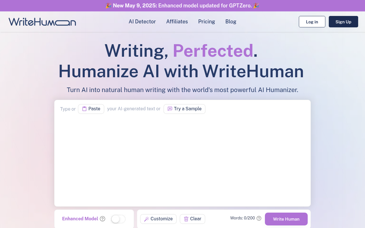 Screenshot of WriteHuman AI: Transform AI Text into Human-Like Content