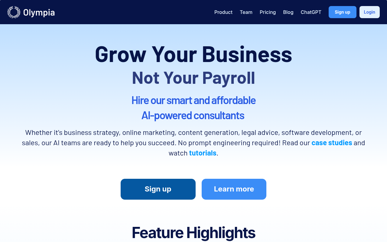 Screenshot of Olympia: AI Business Consulting for Growth & Strategy