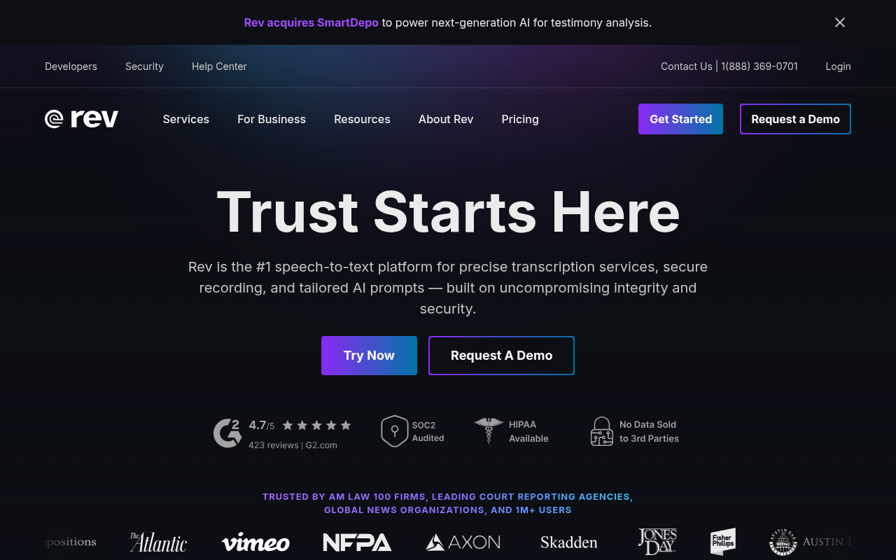 Screenshot of Rev: AI-Powered Transcription and Speech-to-Text Solutions