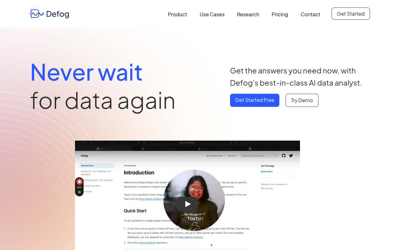 Screenshot of Defog.ai: AI-Powered Data Analysis for Enterprises