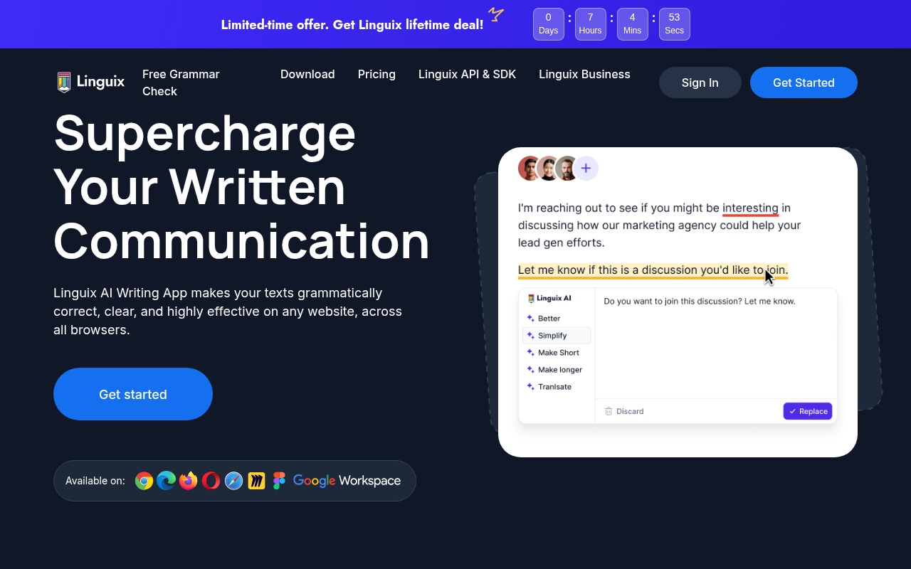 Screenshot of Linguix: AI-Powered Writing Assistant for Flawless Content