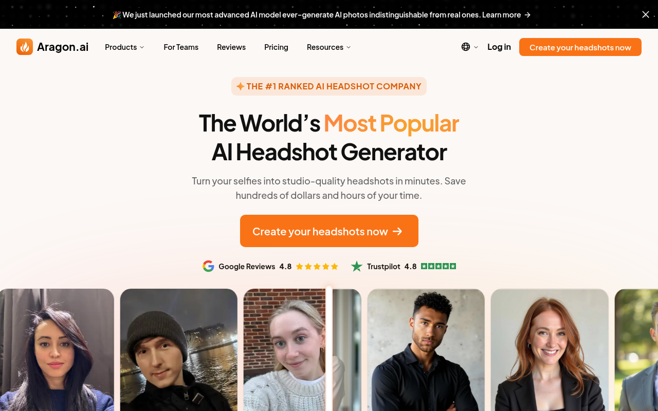 Screenshot of Aragon AI Headshot Generator: Pro-Quality Photos Made Easy