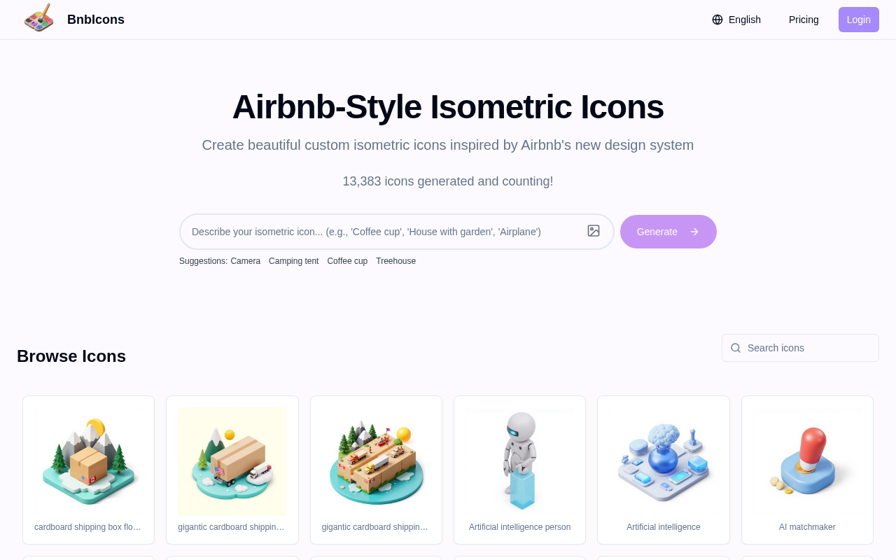 Screenshot of BnbIcons: AI-Powered Isometric Icon Generator for Stunning Designs