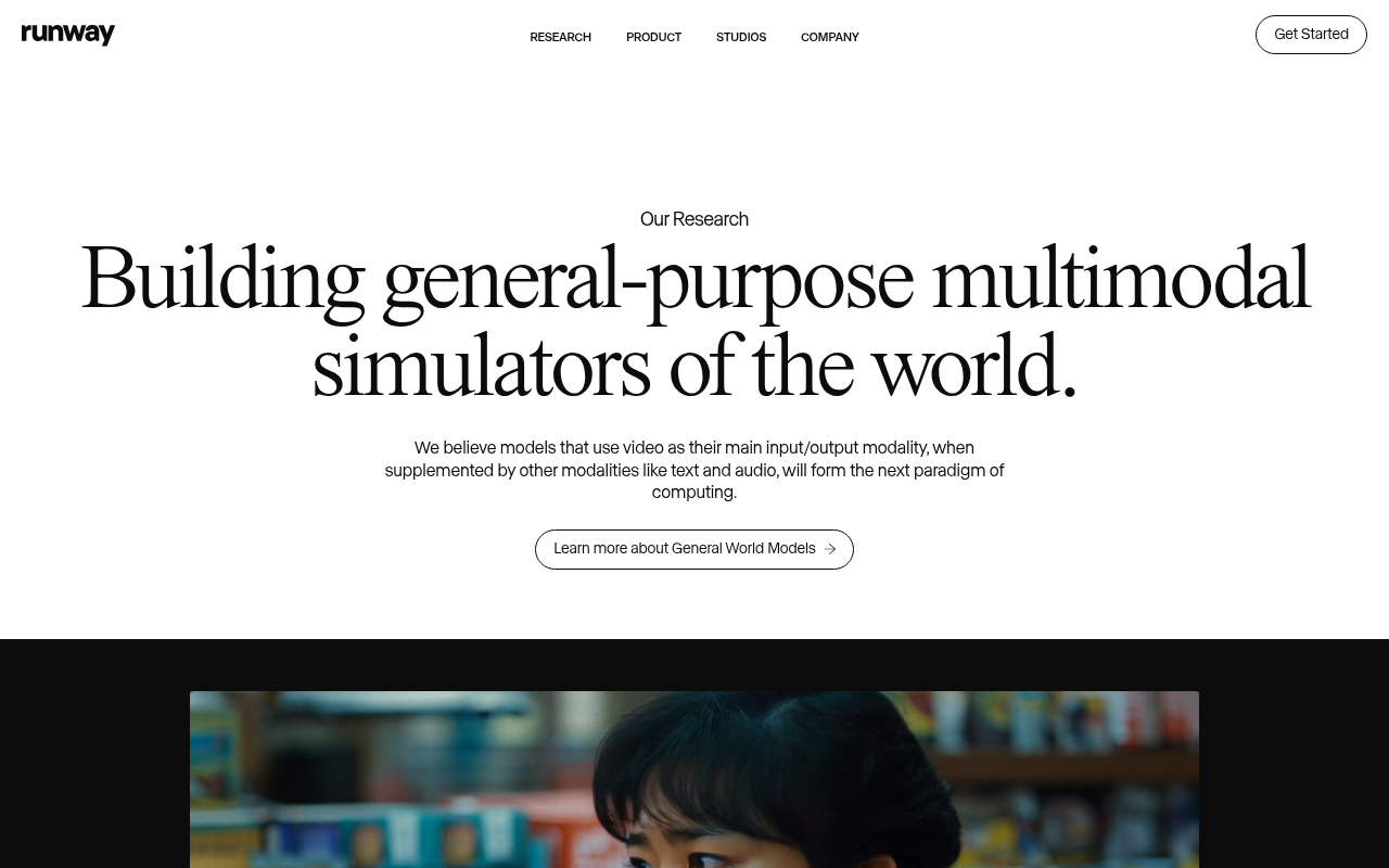 Screenshot of Runway Research: Exploring the Future of Multimodal AI