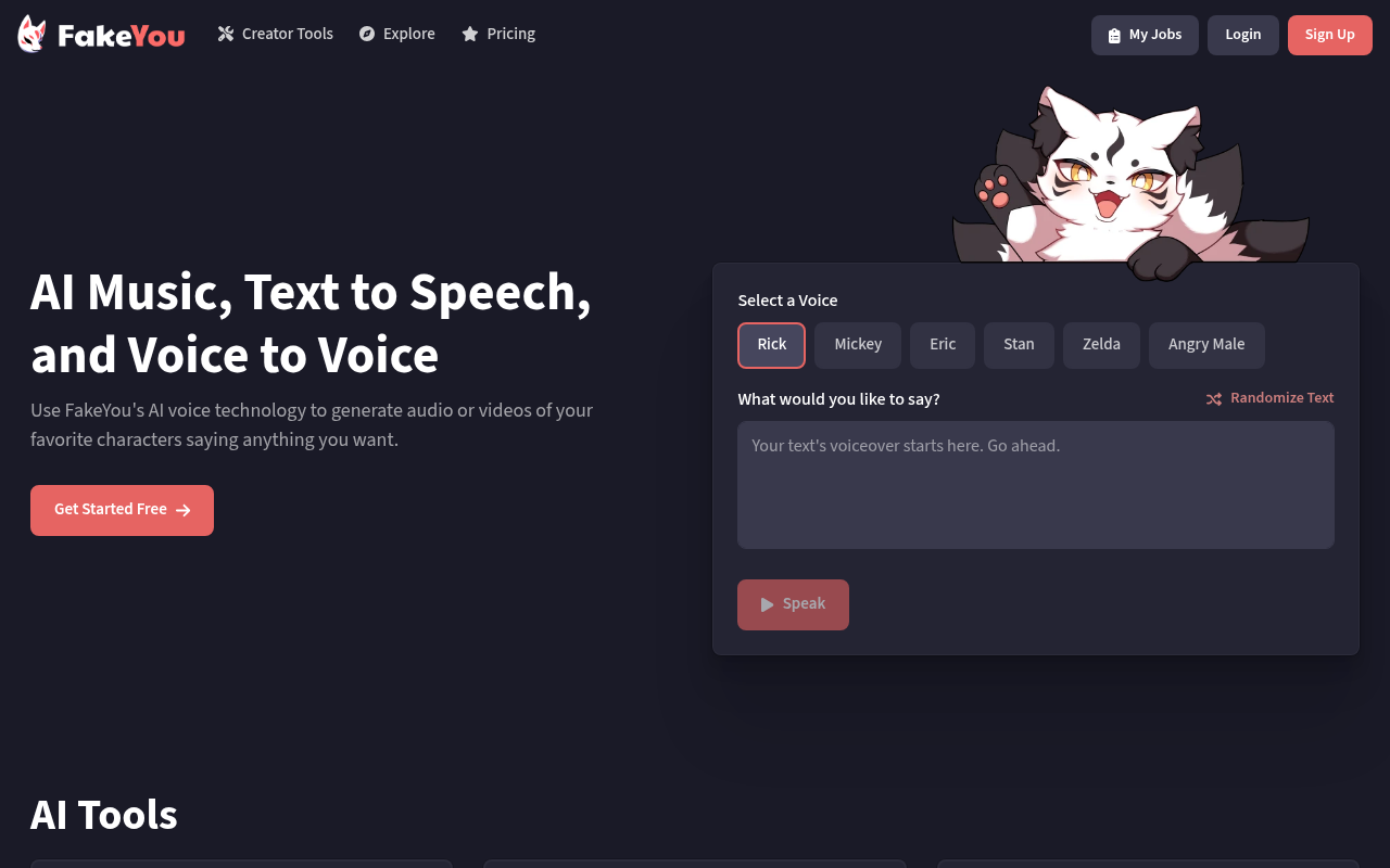 Screenshot of FakeYou: The Ultimate AI Voice & Video Generator for Celebrities