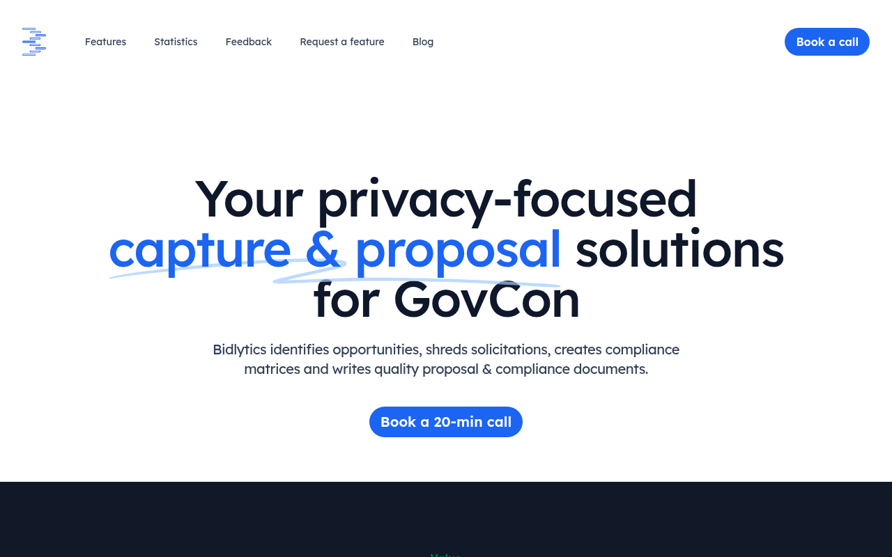 Screenshot of Bidlytics: AI-Powered Government Contract Wins